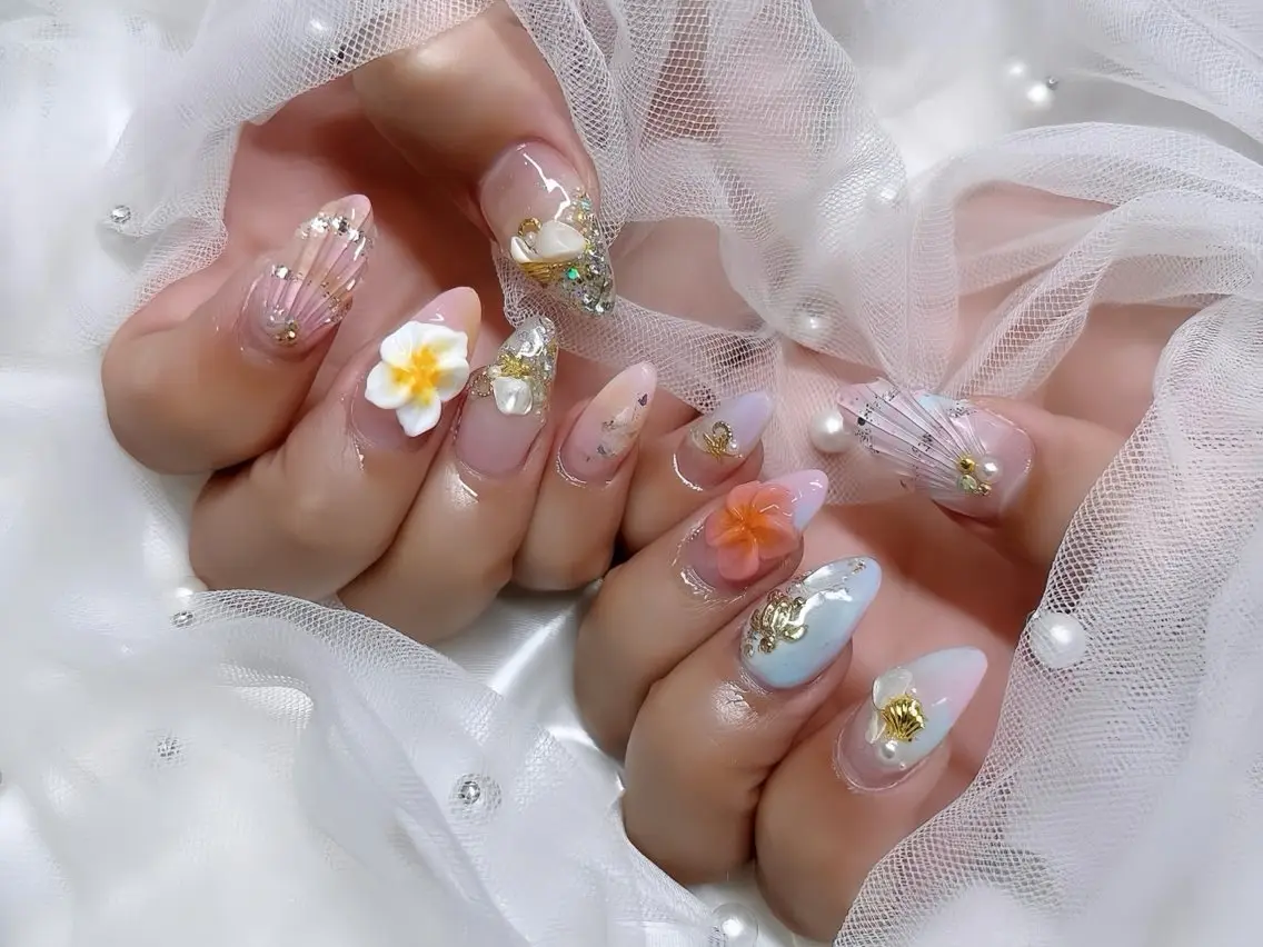 ネイル アートネイル 長さ出し ガーリー 韓国ネイル 持ち込み Rin Nail 新大久保店のネイルデザイン