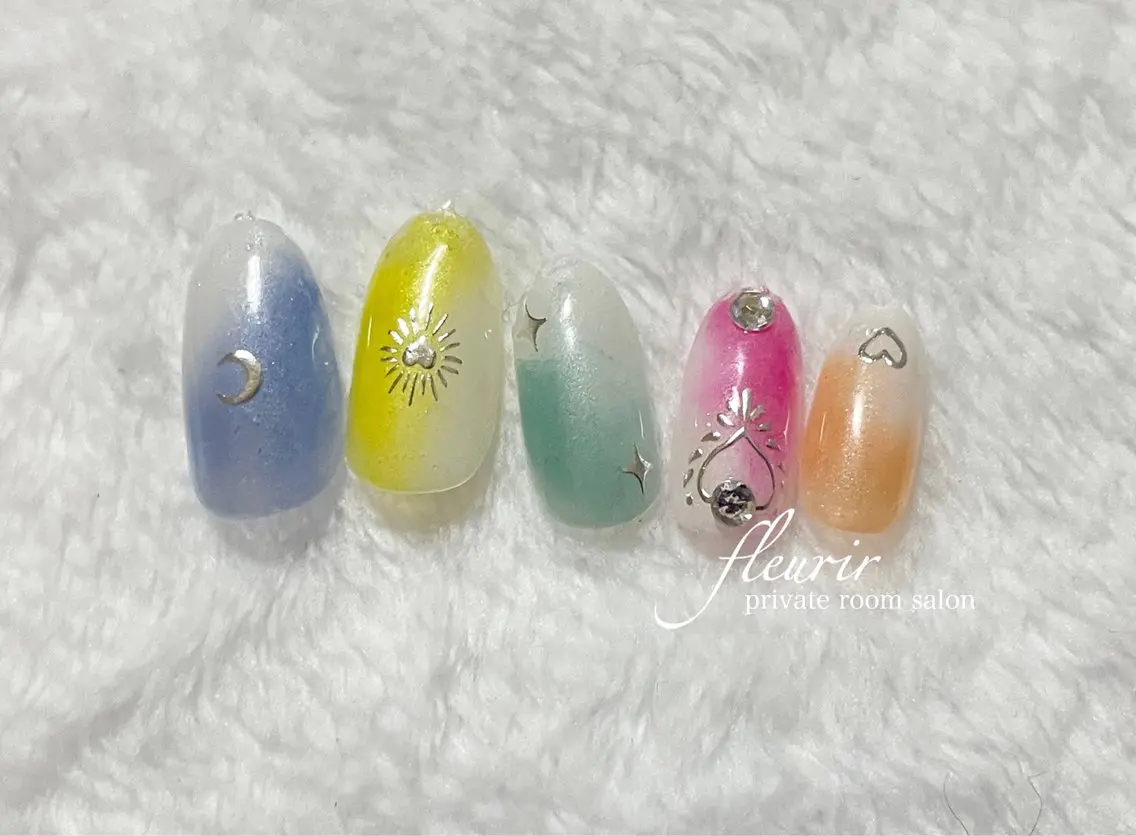 ネイル ブルー グラデーション グリーン ニュアンスネイル オレンジ フルリール 【プライベートサロンのネイルデザイン
