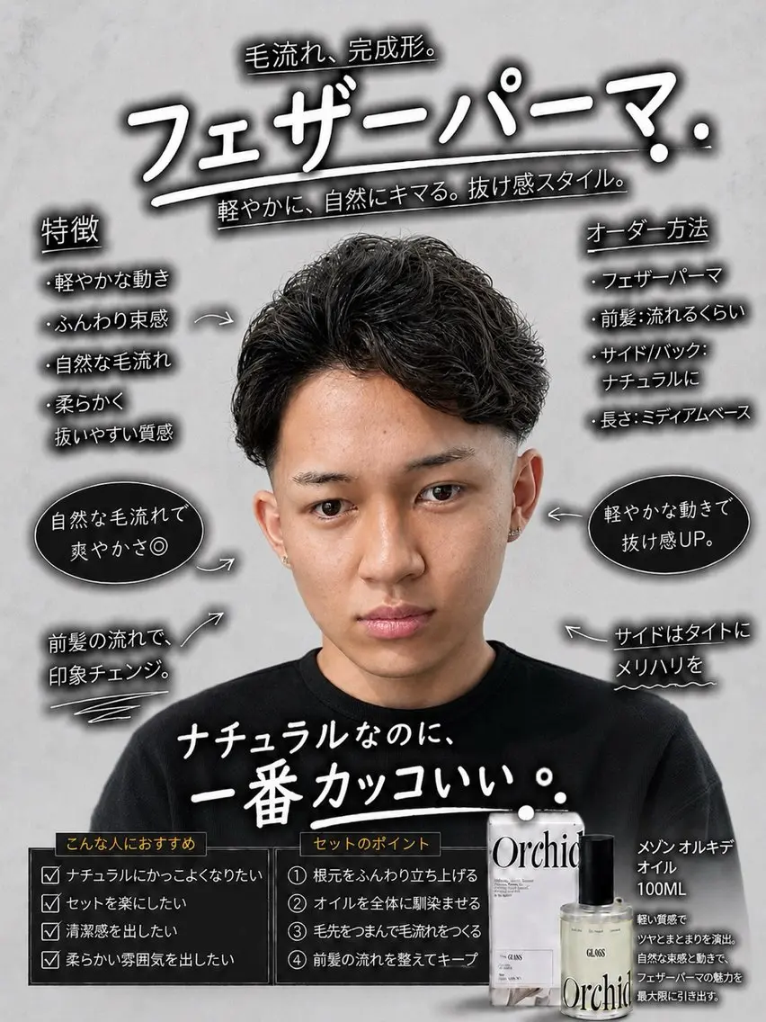 パーマ メンズ フェザーパーマ メンズパーマ カット パーマ メンズパーマ／ 福山駅前/安部真弘のヘアスタイル