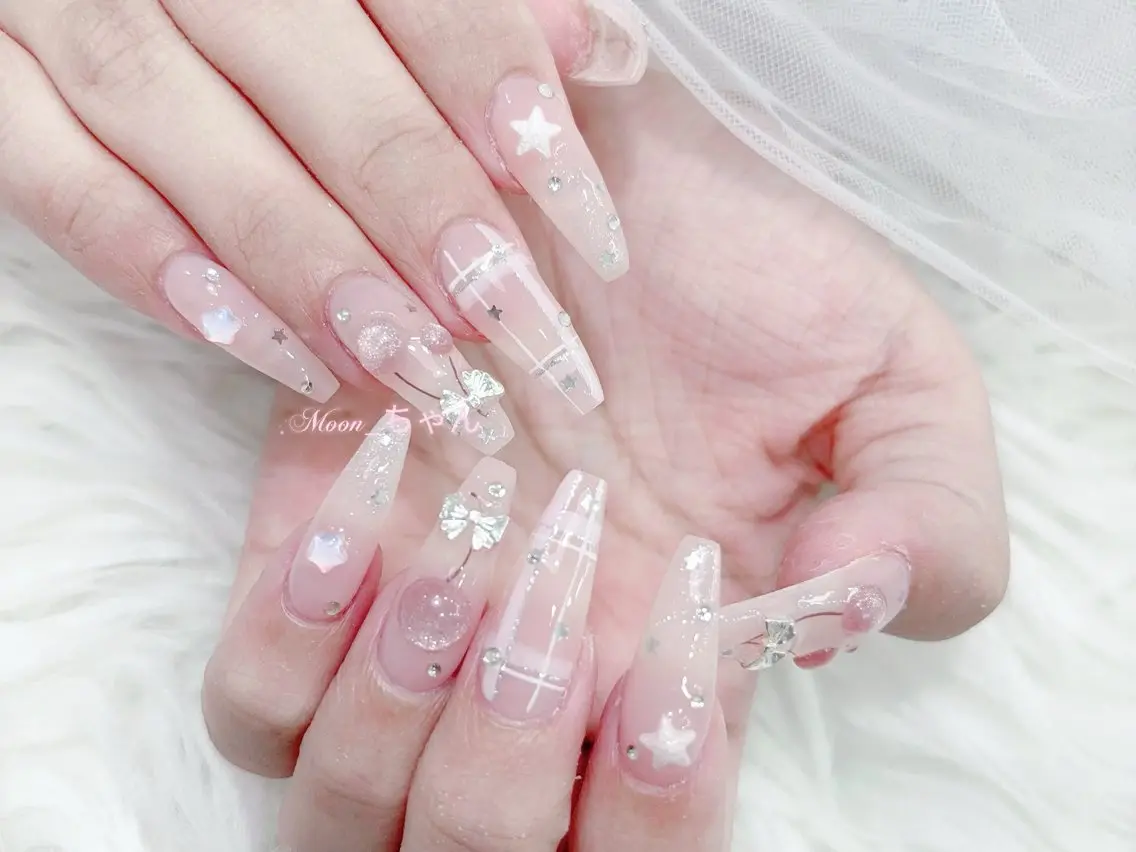 ネイル 成人式 マグネットネイル 大理石ネイル(マーブル) リボン 夏ネイル ハンドネイル MoMoA Nail ネイル長さ出し専門店のネイルデザイン