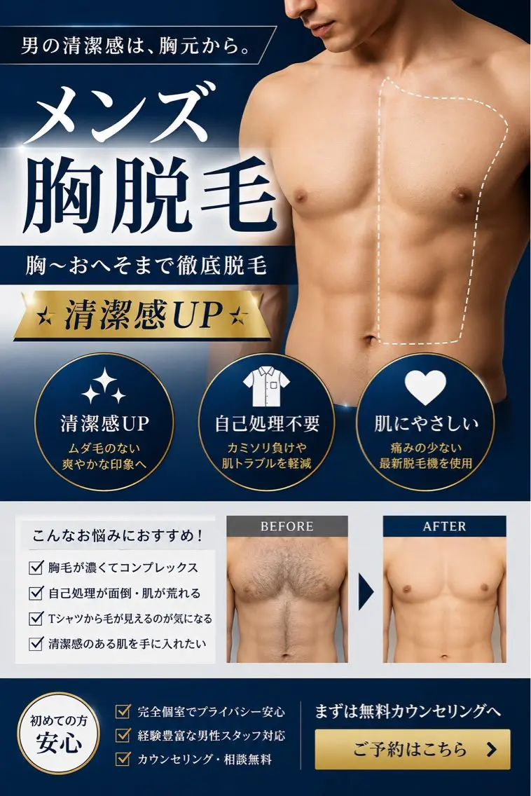 【メンズ胸脱毛】胸～おへそまで徹底脱毛★清潔感UPの写真