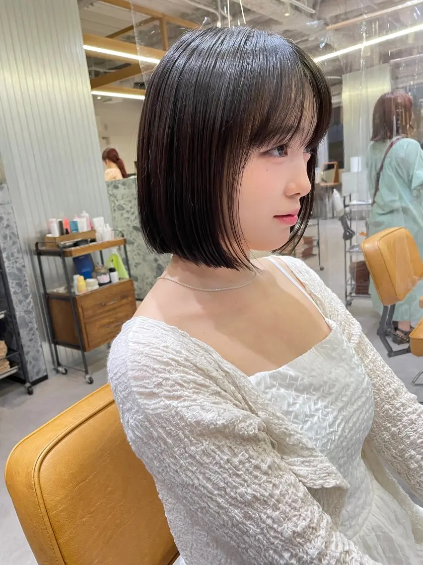 ショート ワンレンボブ ボブ カット トリートメント 韓国風パーマ🌿コテ 巻き風パーマ/るいのヘアスタイル