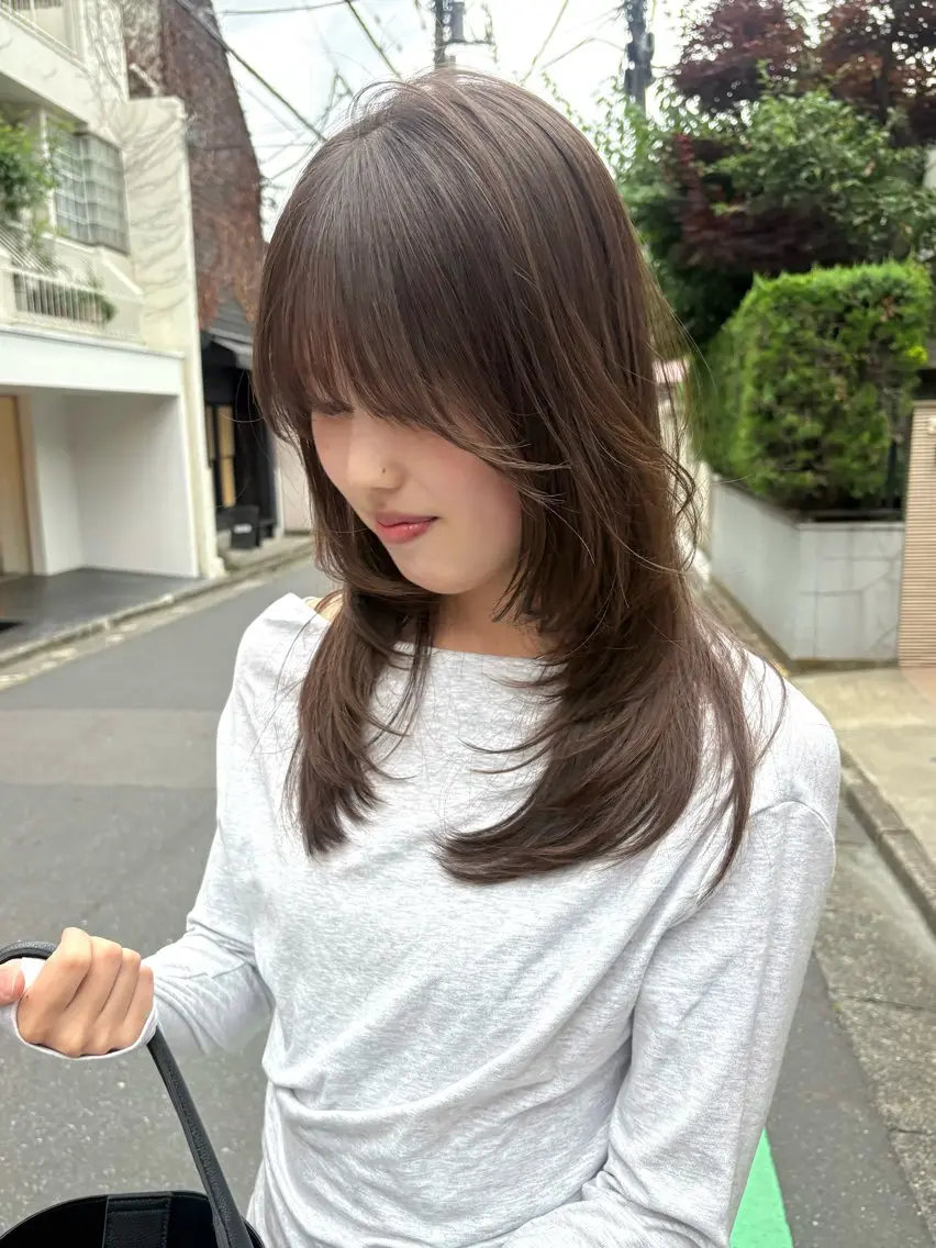 ミディアム カラー パーマ カット ヘアカラー レイヤー/透明感/ ブリーチなし/わかなのヘアスタイル