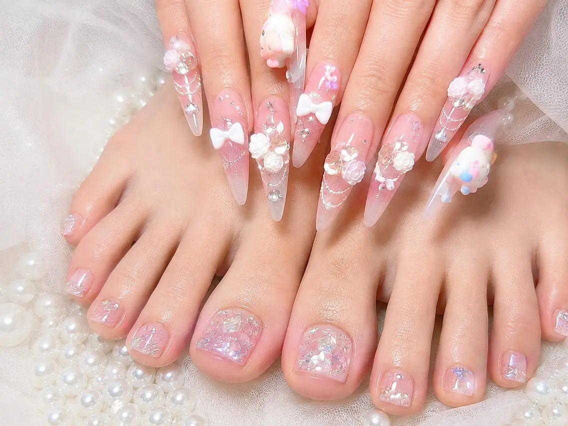 ネイル オーロラネイル チークネイル 長さ出し フットネイル フレンチネイル Hanaai Salon新宿店のネイルデザイン