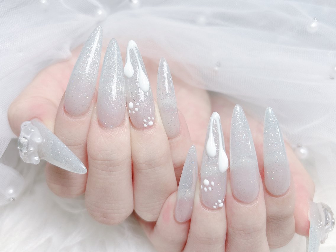 ネイル 成人式 大理石ネイル(マーブル) リボン 夏ネイル ネイルチップ ハンドネイル MoMoA Nail ネイル長さ出し専門店のネイルデザイン