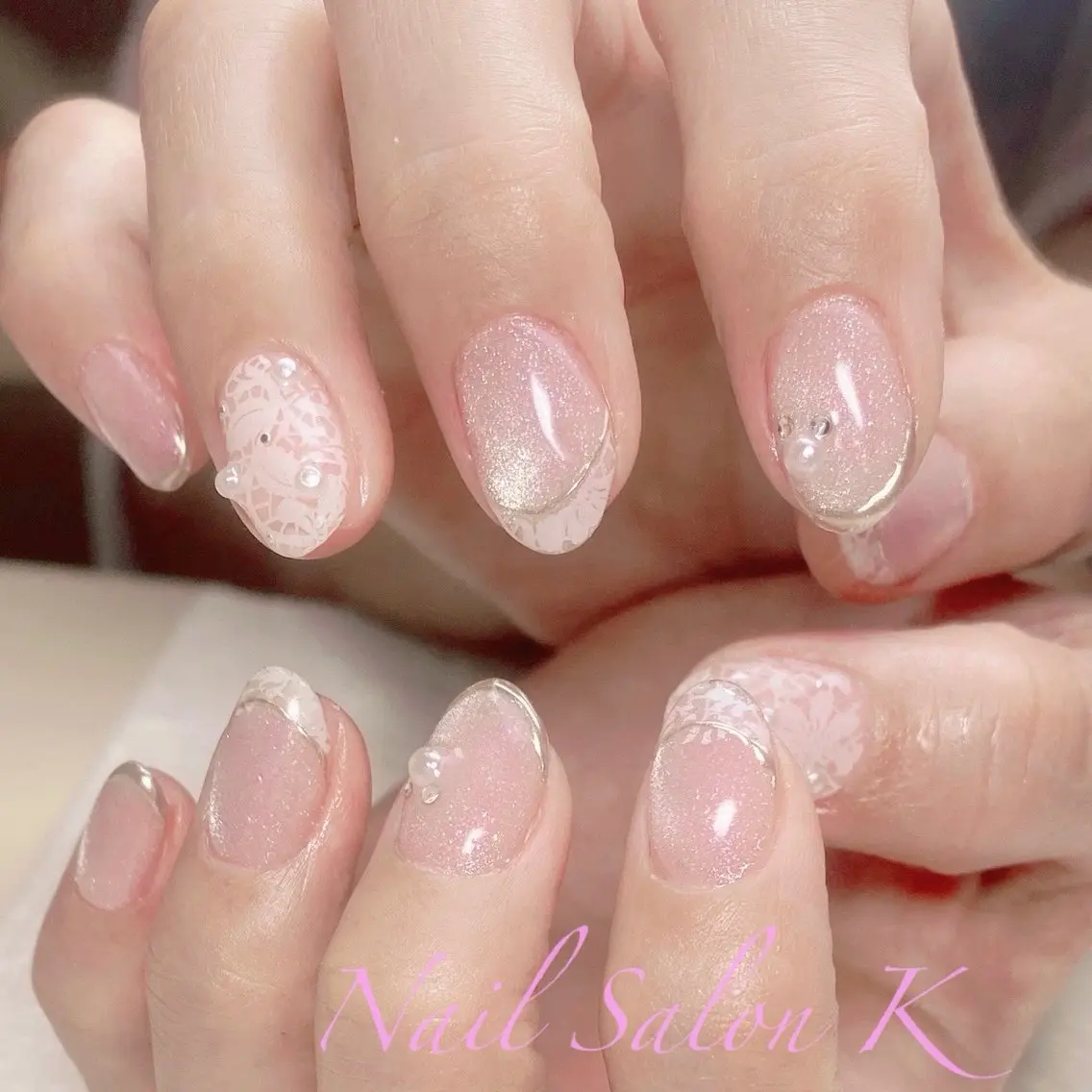 ネイル フラッシュネイル レース マグネットネイル ミラーネイル パープル ハンドネイル Nail Salon K 🧸美爪育成のネイルデザイン