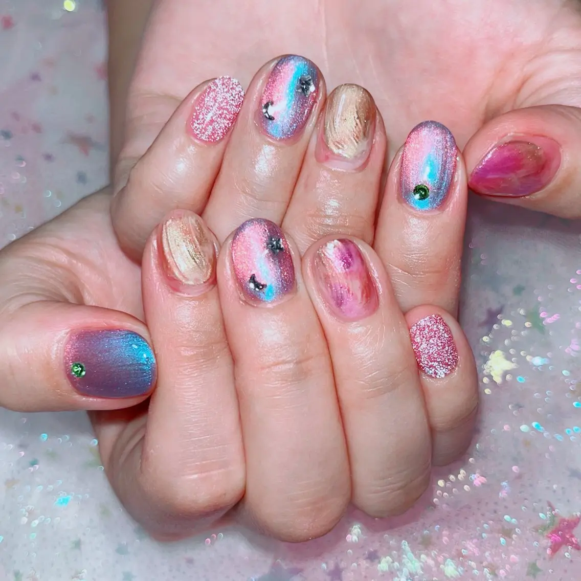 ネイル フラッシュネイル マグネットネイル ニュアンスネイル ピンク 春ネイル RUI ☆のネイルデザイン
