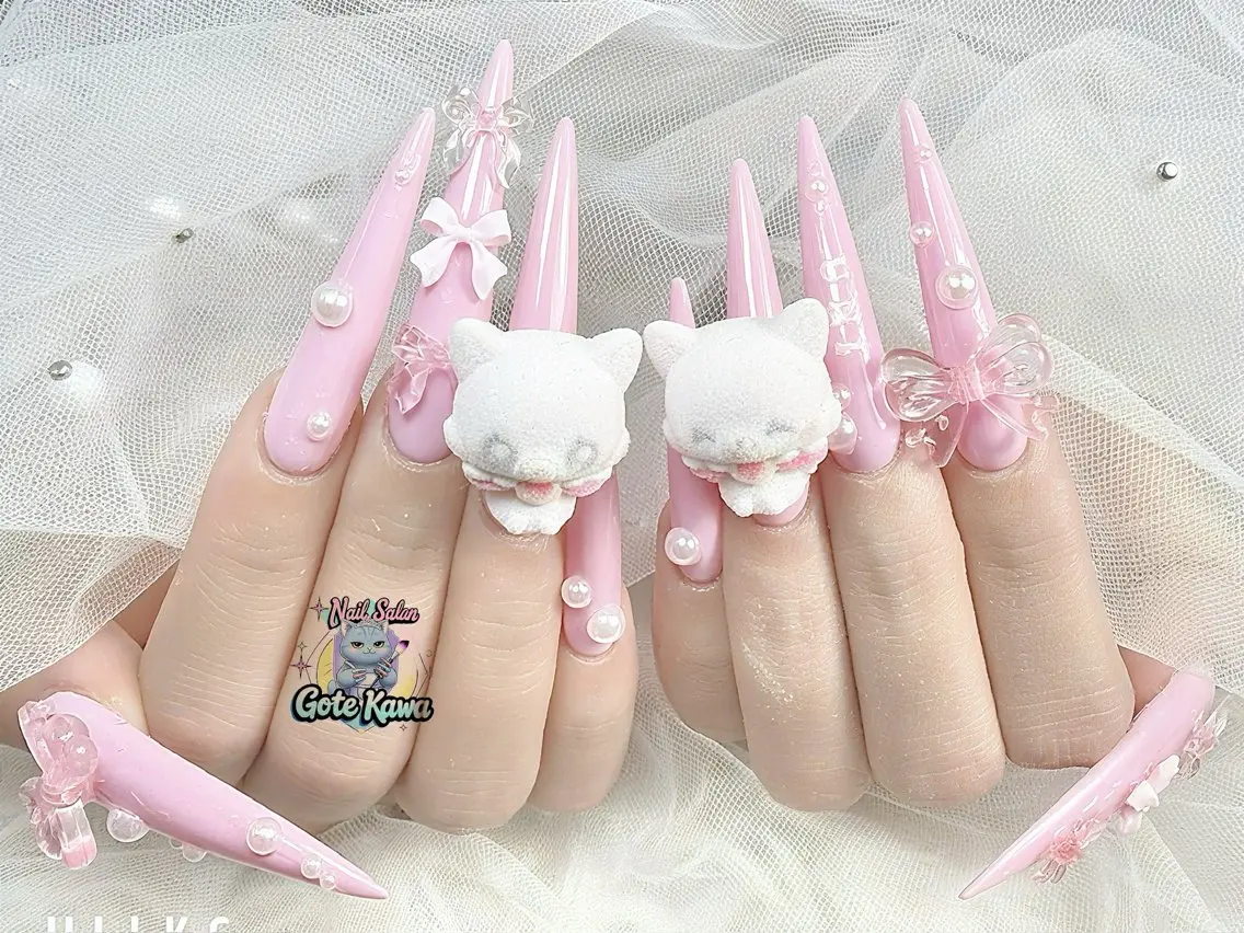 ネイル ロングネイル 持ち込み ピンク リボン スーパーロングネイル ハンドネイル ハンドケア Gote Kawa nail salonのネイルデザイン