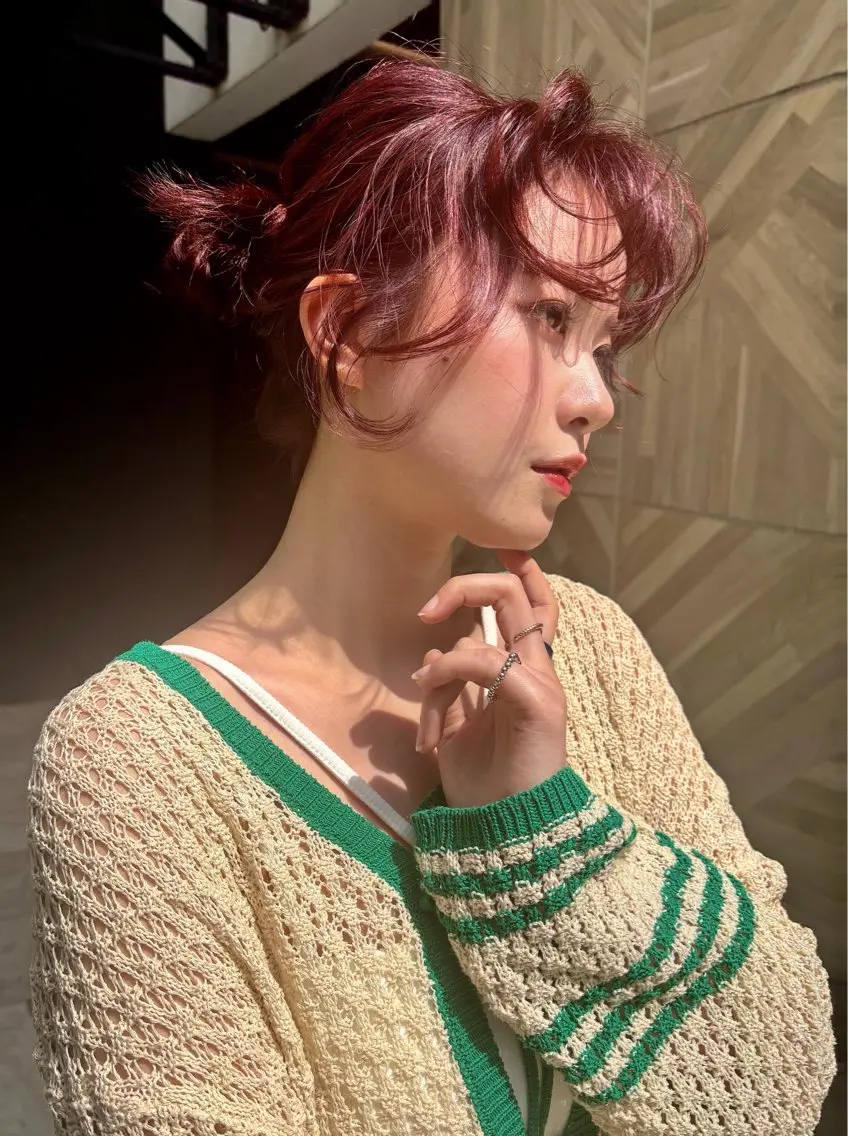 ロング カラー ヘアアレンジ お団子ヘア レッドカラー 暖色系特化さくら /福岡天神/レイヤーのヘアスタイル