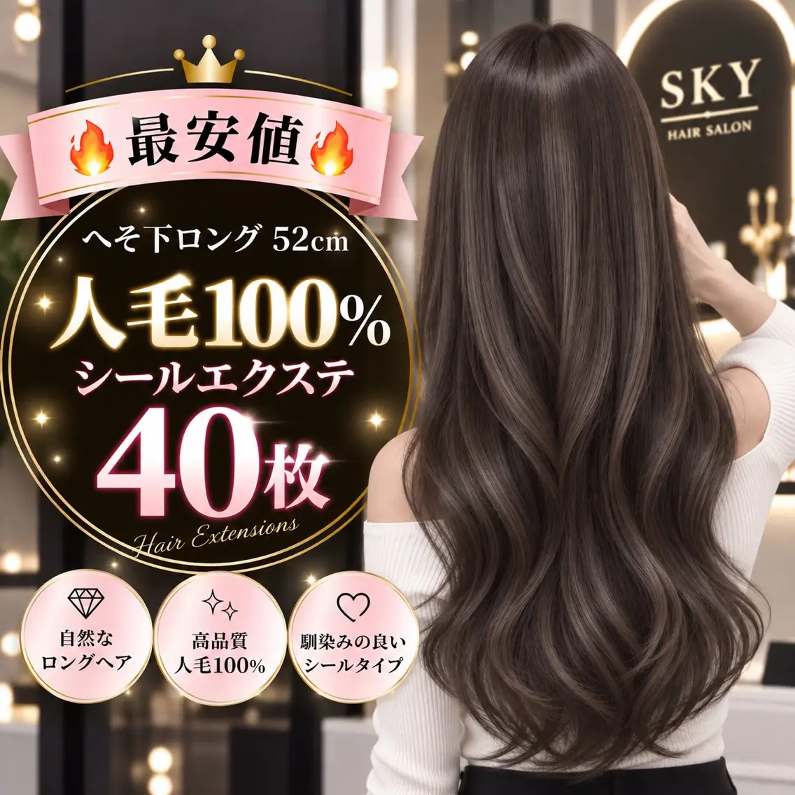 🔥【最安値】🔥へそ下-ロング52cm⭐️人毛100%シールエクステ【40枚】❤️の写真