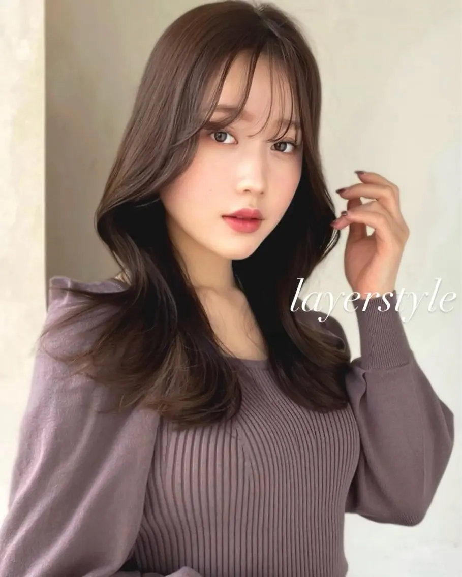 セミロング くびれヘア エギョモリ ヨシンモリ 韓国風ヘア レイヤーカット カット ヘアカラー 似合わせレイヤー モテカラー🤍三科のヘアスタイル