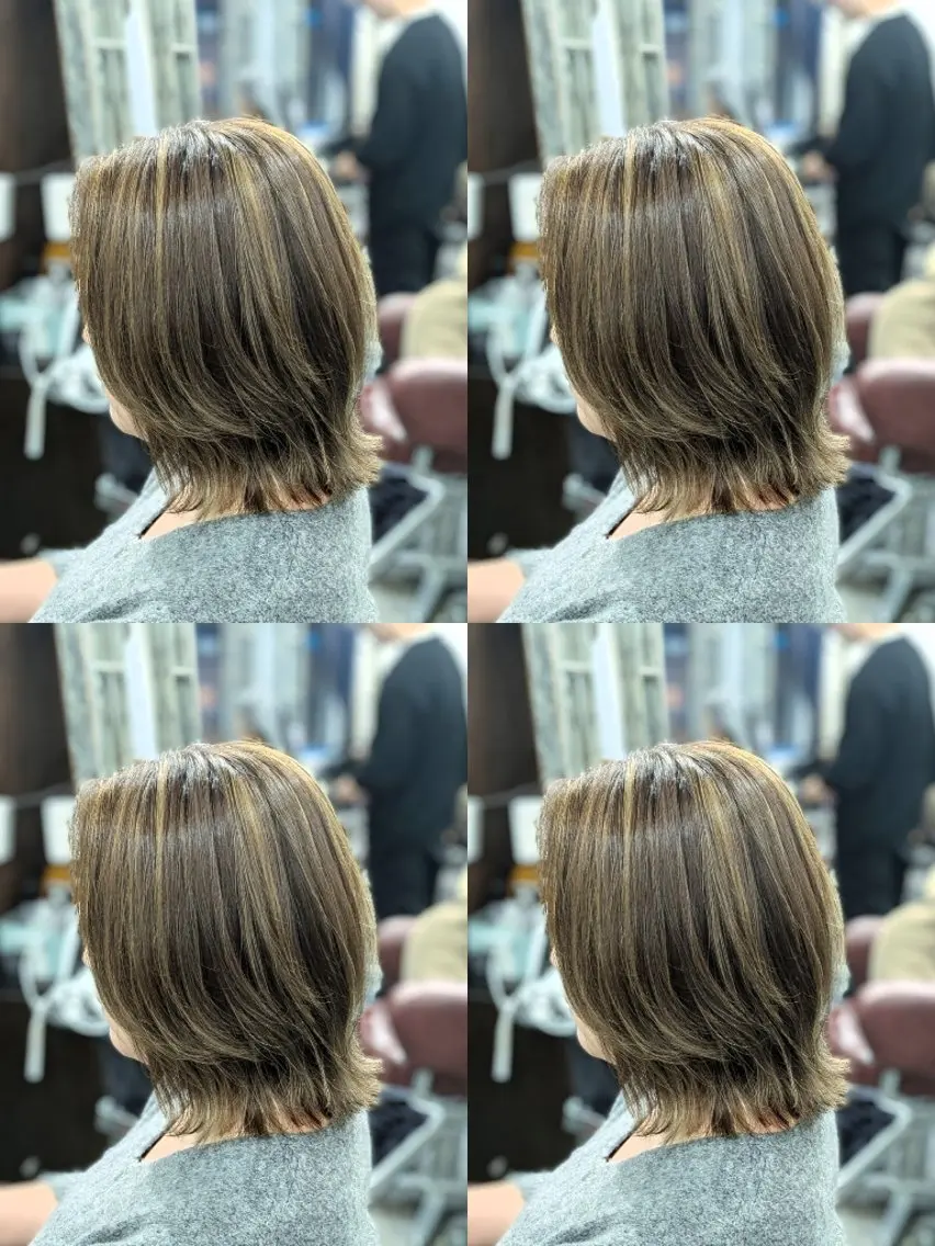 ミディアム カラー ボブレイヤー ハイライトカラー ボブ くびれヘア 顔まわりレイヤー カット ヘアカラー トリートメント メンズパーマ/顔周り レイヤーカット/えののヘアスタイル