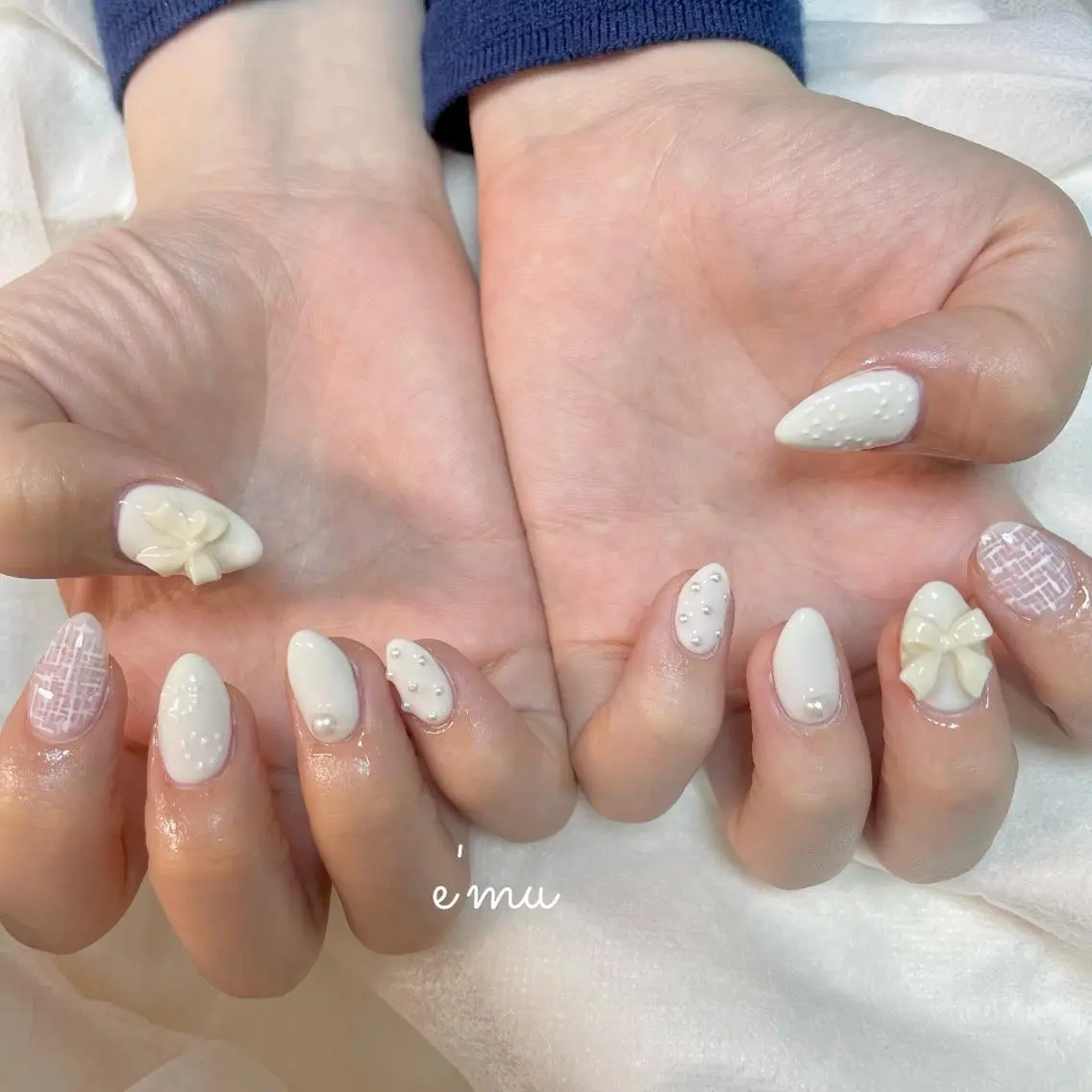 ネイル ガーリー リボン ツイードネイル 冬ネイル nail salon e'mu💐のネイルデザイン