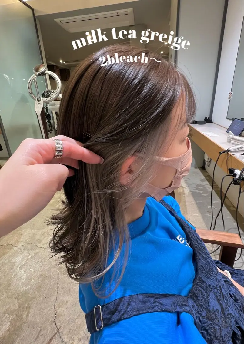 ミディアム カラー ベージュカラー ブリーチ グレージュ インナーカラー ミルクティーベージュ カット ヘアカラー Kana 🍋 ハイトーン【高円寺】のヘアスタイル