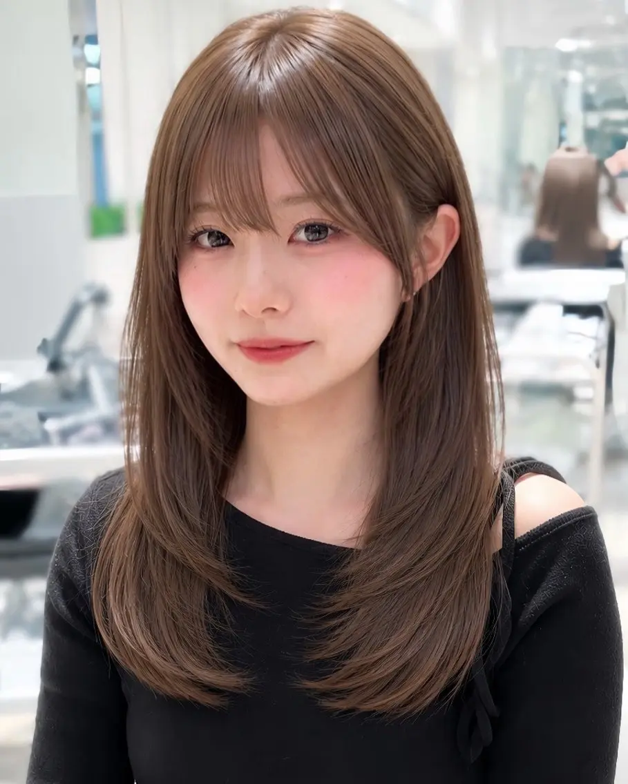 ロング カット ヘアカラー トリートメント 表参道小顔カット前髪 割れ改善クロスパーマのヘアスタイル