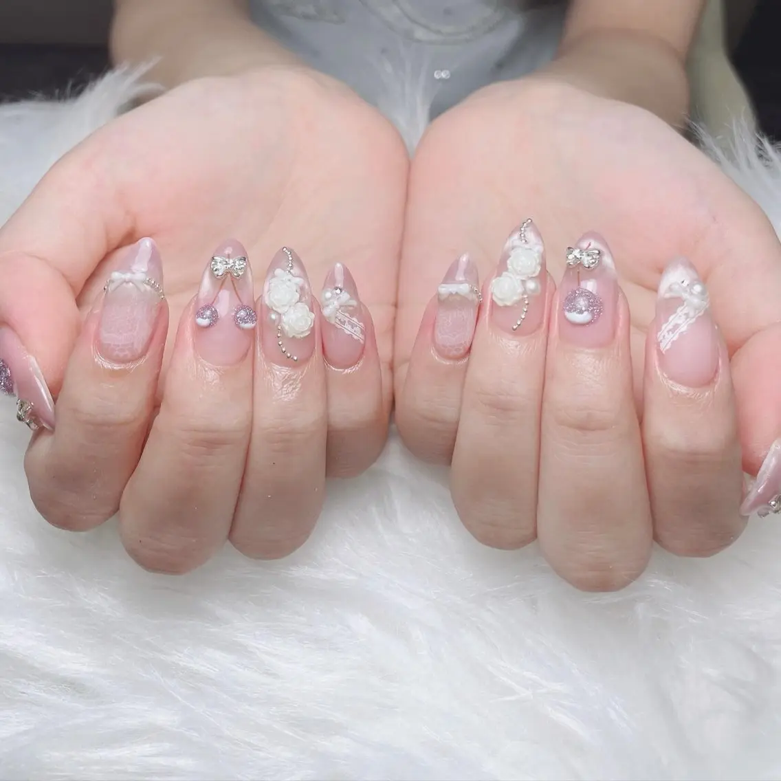 ネイル ガーリー ハート 韓国ネイル ニュアンスネイル リボン Sora nail 長さ出し専門店のネイルデザイン