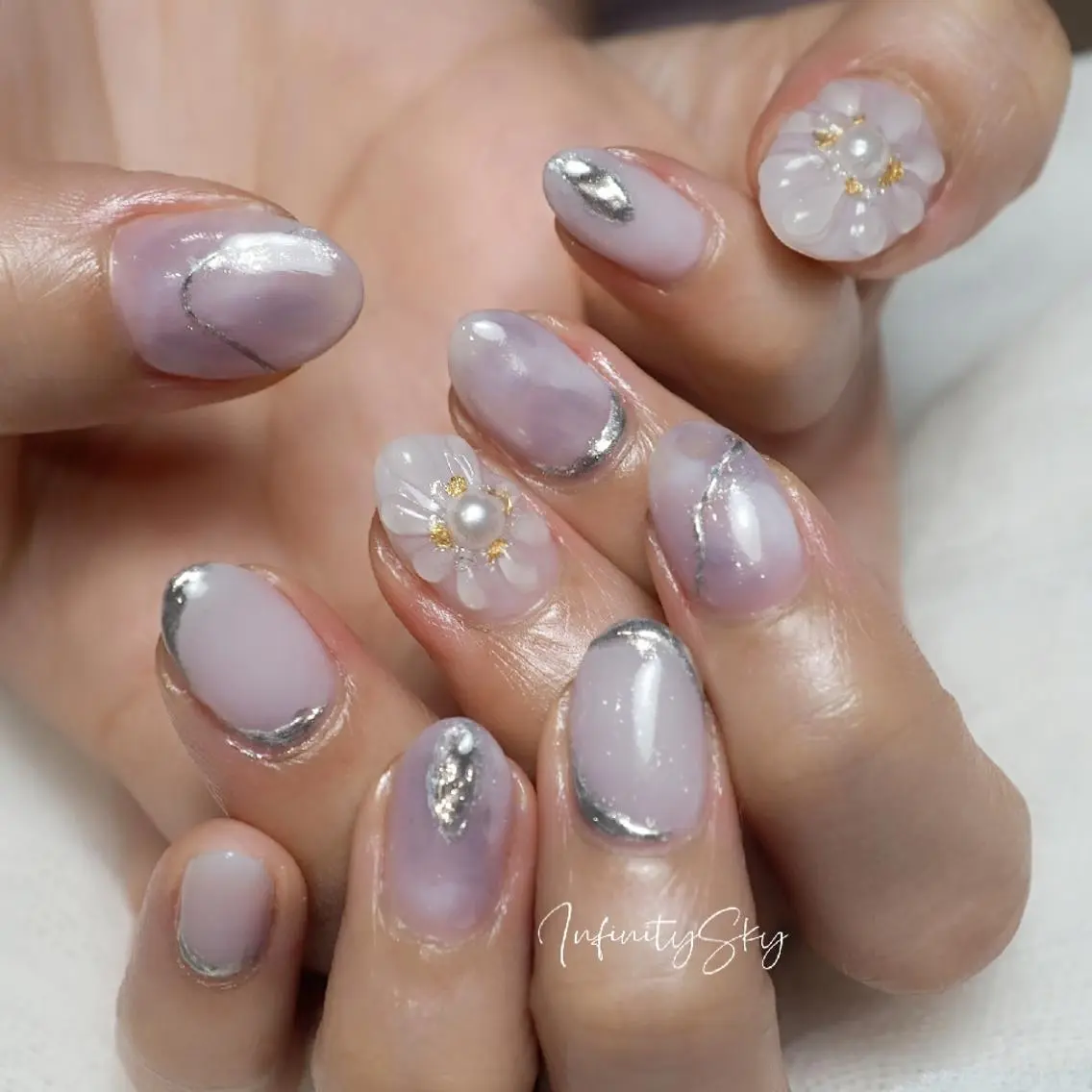 ネイル フラワーネイル 大理石ネイル(マーブル) ぷっくりネイル パープル ハンドネイル infinity skyのネイルデザイン