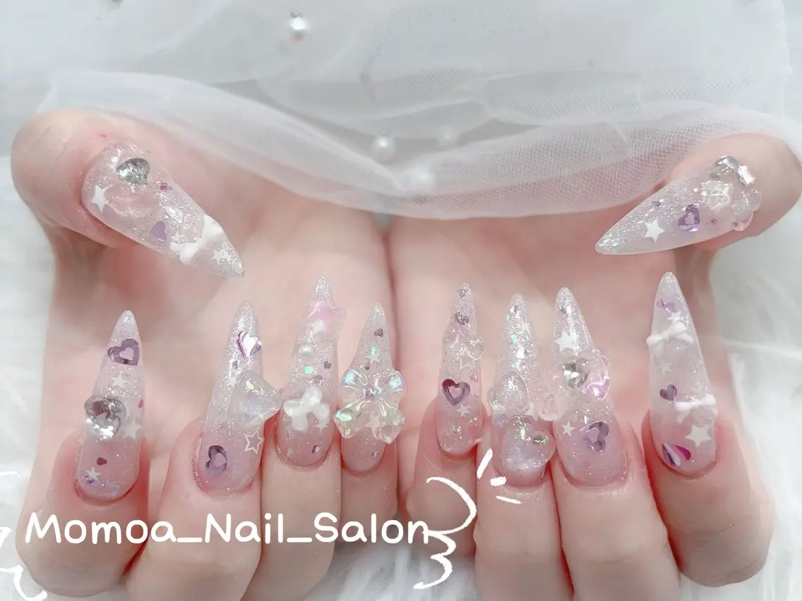 ネイル 成人式 ロングネイル マグネットネイル 大理石ネイル(マーブル) 持ち込み ハンドネイル MoMoA Nail ネイル長さ出し専門店のネイルデザイン