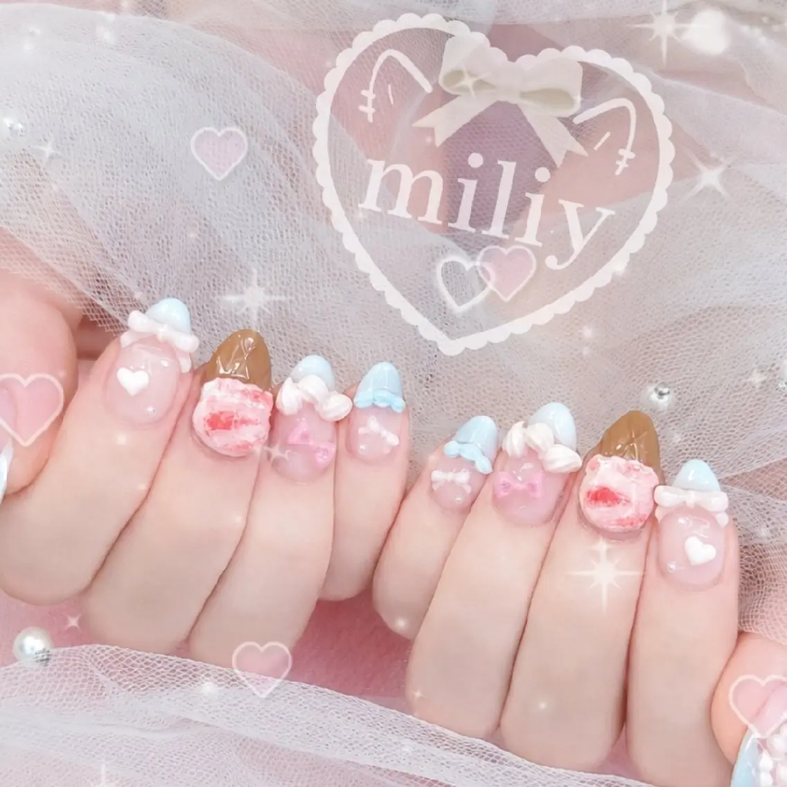 ネイル ガーリー 水色 ピンク ハンドネイル miliy nail 🎀上尾のネイルデザイン