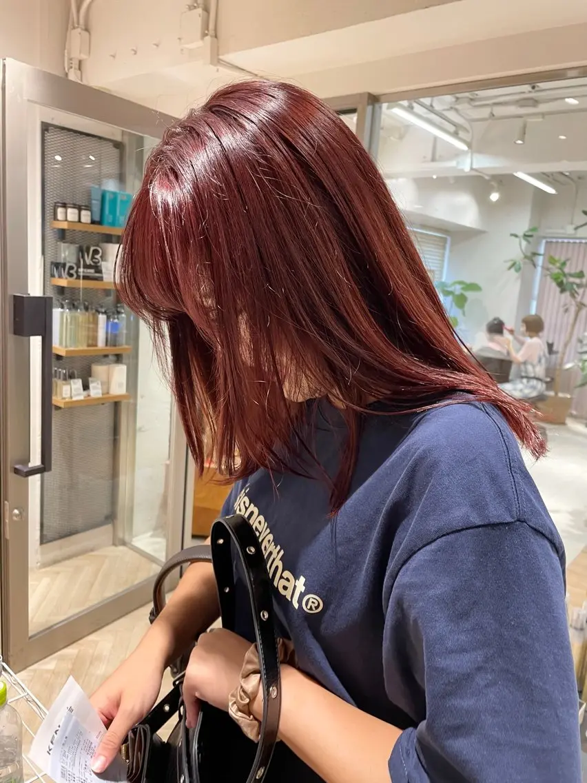 ミディアム カラー ヘアアレンジ ブリーチ ブリーチなしカラー レッドカラー iena渋谷 /ゆーこのマツエク・マツパデザイン