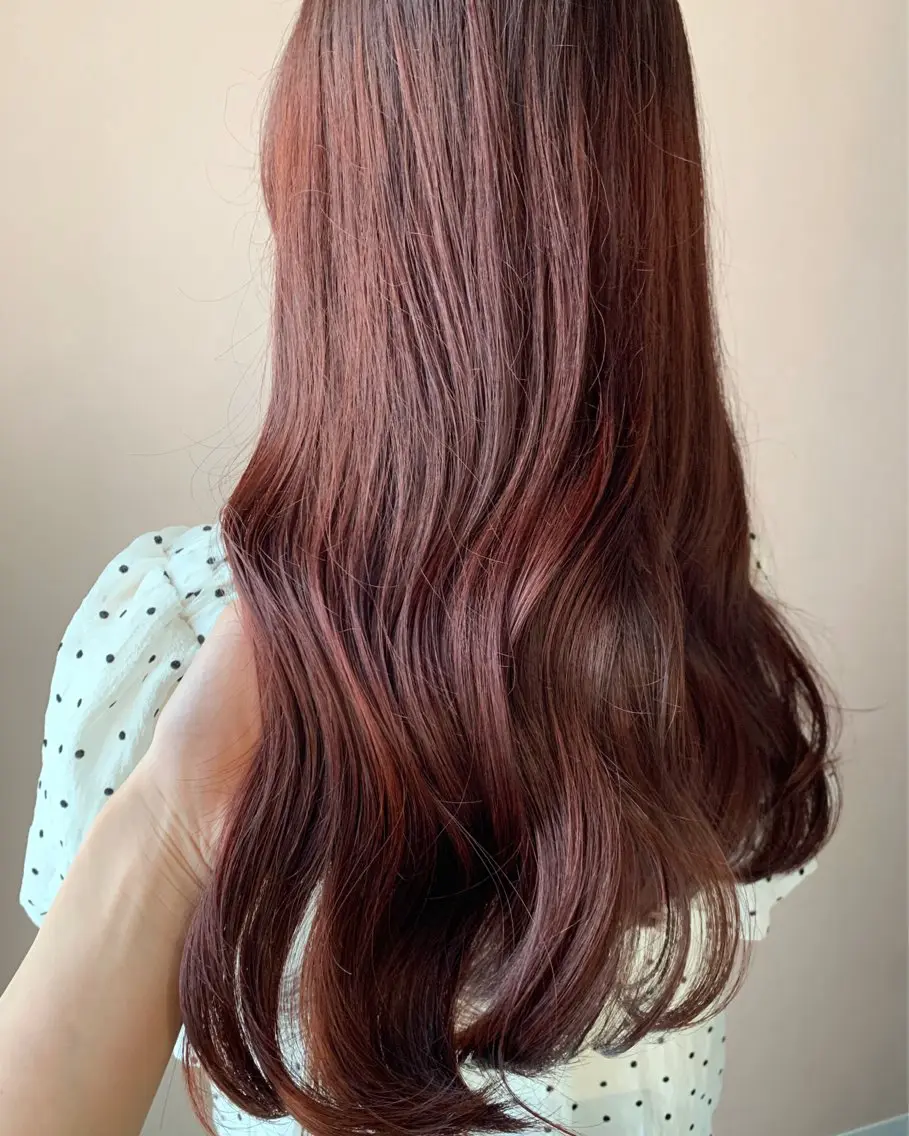 ロング カラー ブリーチ ケアカラー カシス ブリーチなしカラー レッドカラー カット ヘアカラー トリートメント hubhair レイヤー/透明感のヘアスタイル