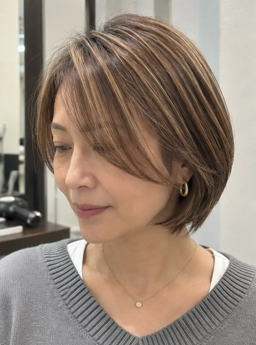 ショート カラー 透明感カラー ハイライトカラー ボブ ハイライト ショートヘア カット ヘアカラー ✨白髪ぼかし/ ショート✨吉岡 弘のヘアスタイル