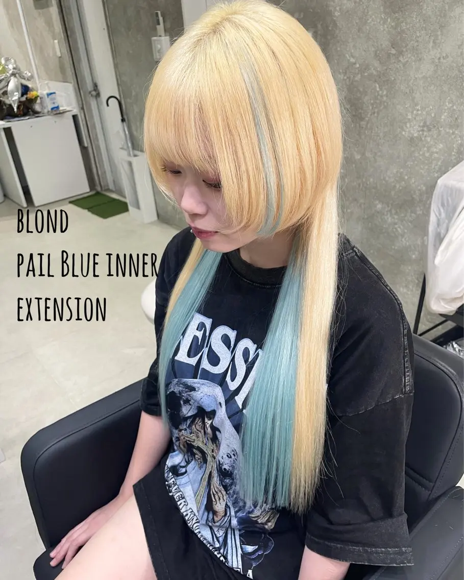 ロング カラー ブリーチ 抜きっぱなしブロンド ブロンド ブルーカラー ハイトーンカラー カット ヘアカラー エクステ にしき さんのヘアスタイル