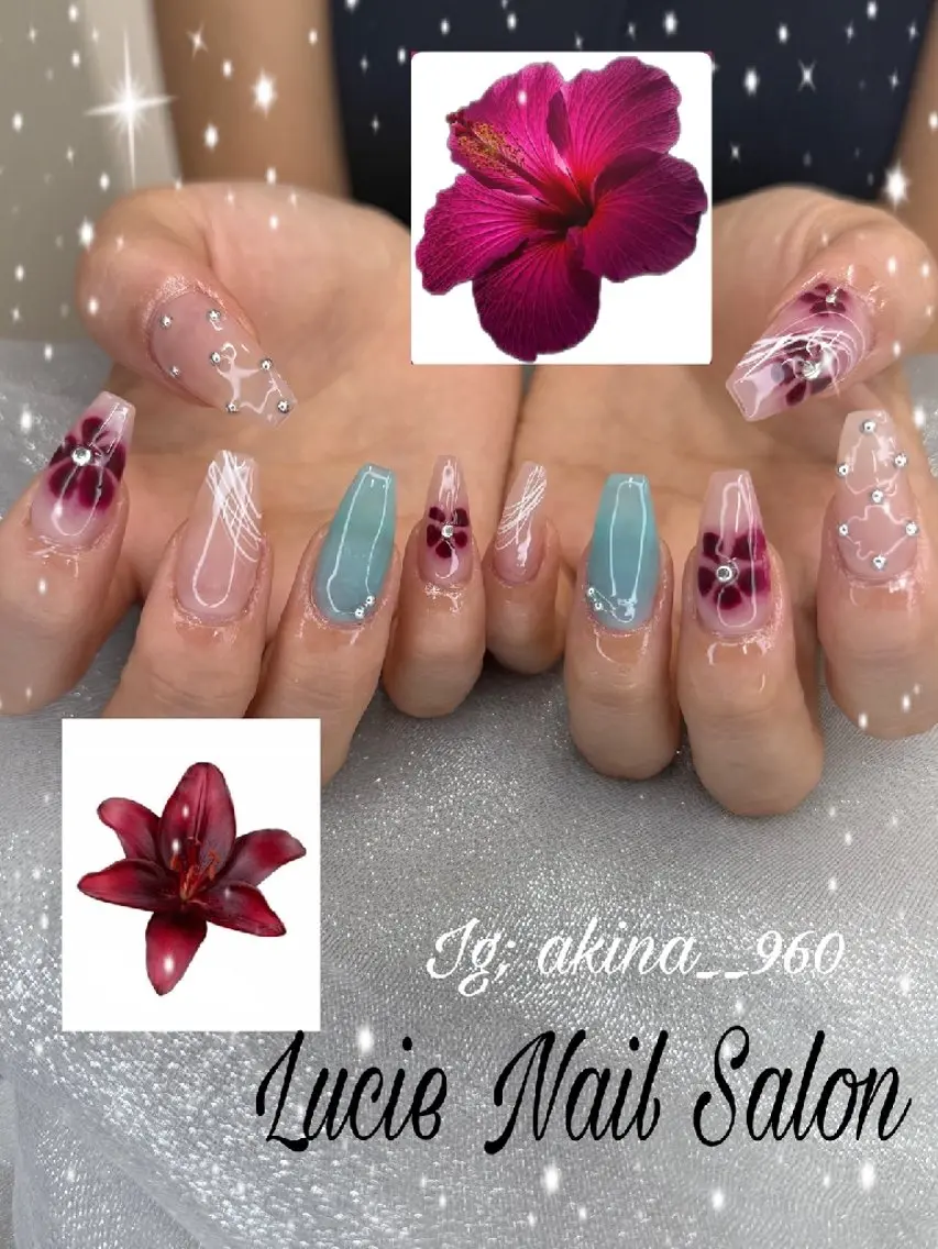 ネイル 氷ネイル・うるうるネイル マットネイル ニュアンスネイル リボン 夏ネイル ハンドネイル rina nailのネイルデザイン