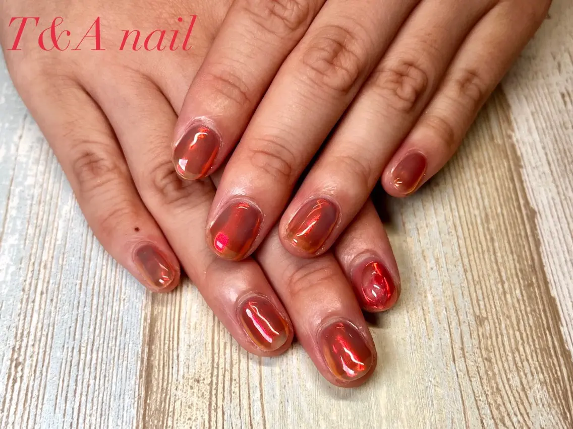 ネイル 長さ出し ジェルネイル ミラーネイル ニュアンスネイル オレンジ T&A nailのネイルデザイン