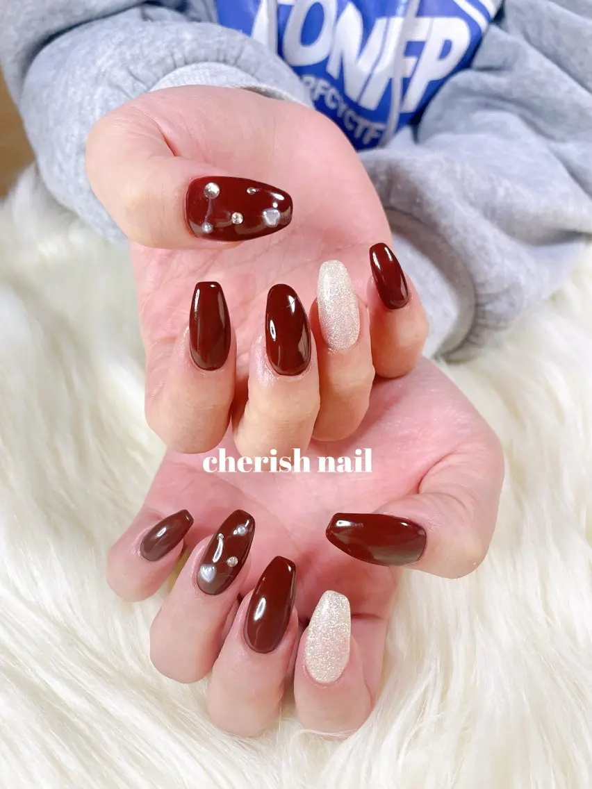 ネイル ボルドー ハート バレンタイン ハンドネイル cherish nailのネイルデザイン