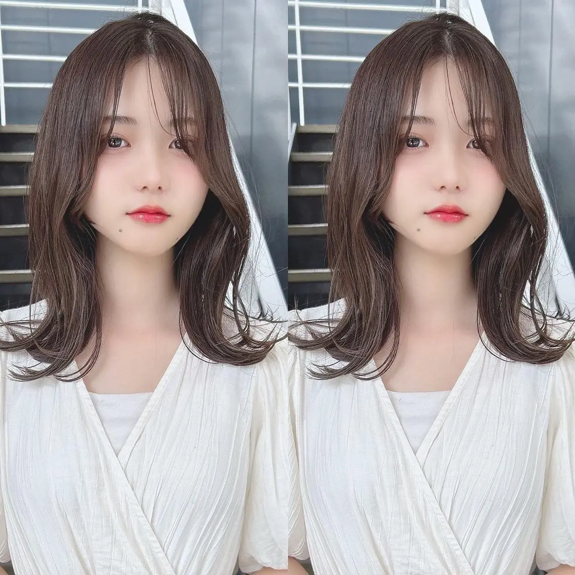ミディアム カラー 韓国🇰🇷レイヤー カットオリーブカラーのヘアスタイル
