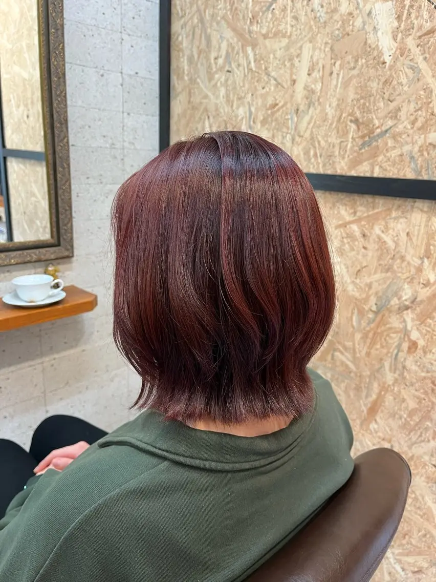 ミディアム カラー ブリーチ ブリーチなしカラー ピンクカラー レッドカラー 庄内＊三国baron ANJUのヘアスタイル