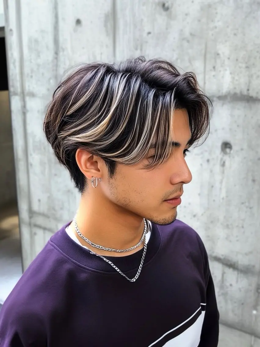 ミディアム パーマ メンズ メンズハイトーン メンズバレイヤージュのヘアスタイル