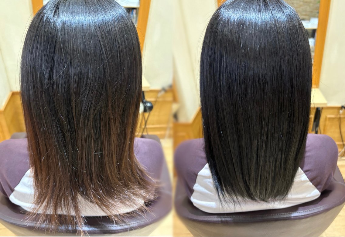 ミディアム カラー 黒髪 ナチュラルブラック 縮毛矯正 ヘアカラー 門田 杏実のヘアスタイル