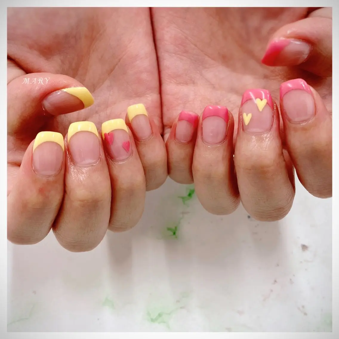 ネイル フレンチネイル ハート ニュアンスネイル ピンク スクエアネイル ハンドネイル Mary nail .narumiのネイルデザイン