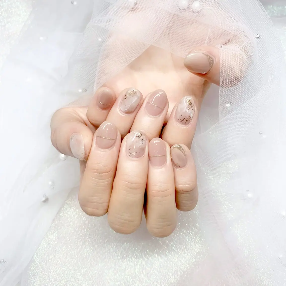 ネイル 長さ出し ジェルネイル キラキラネイル 大理石ネイル(マーブル) ニュアンスネイル Morpho nailのネイルデザイン