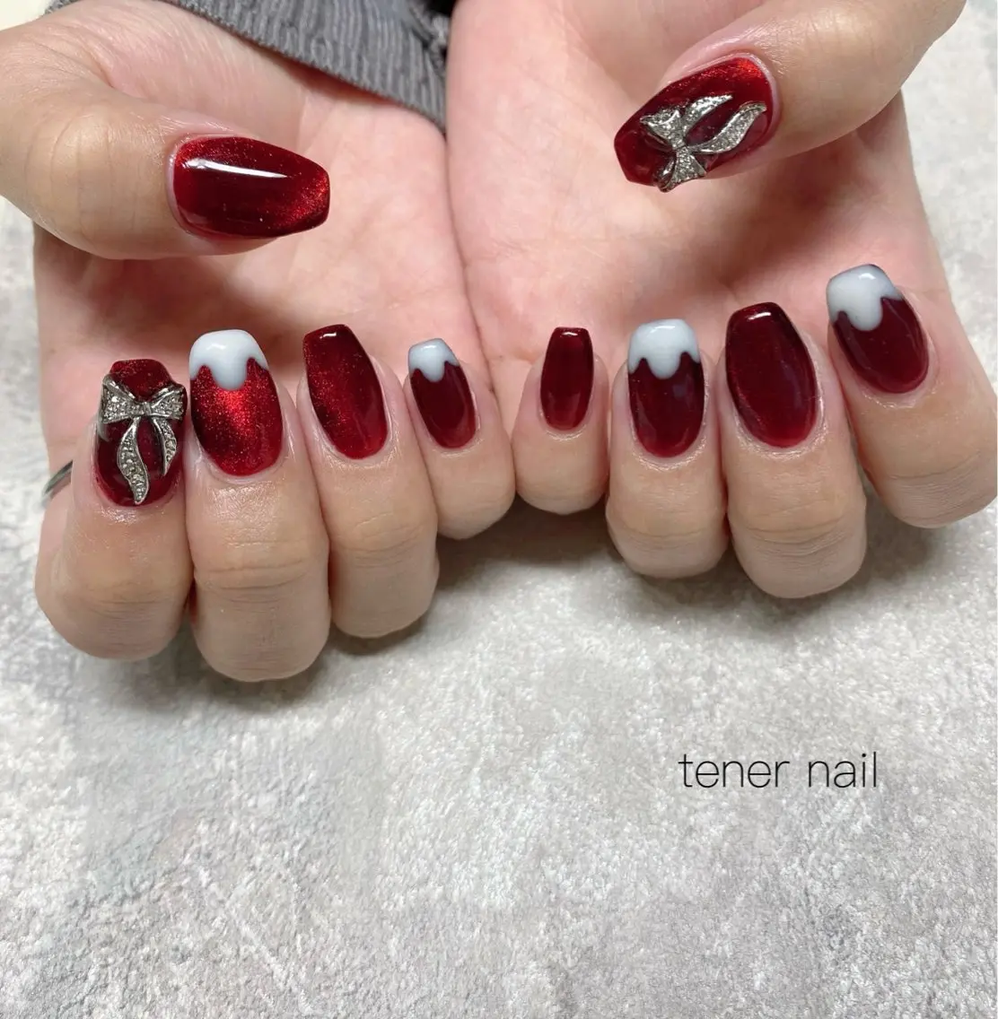 ネイル ボルドー マグネットネイル リボン ハンドネイル テネルネイル tener nailのネイルデザイン
