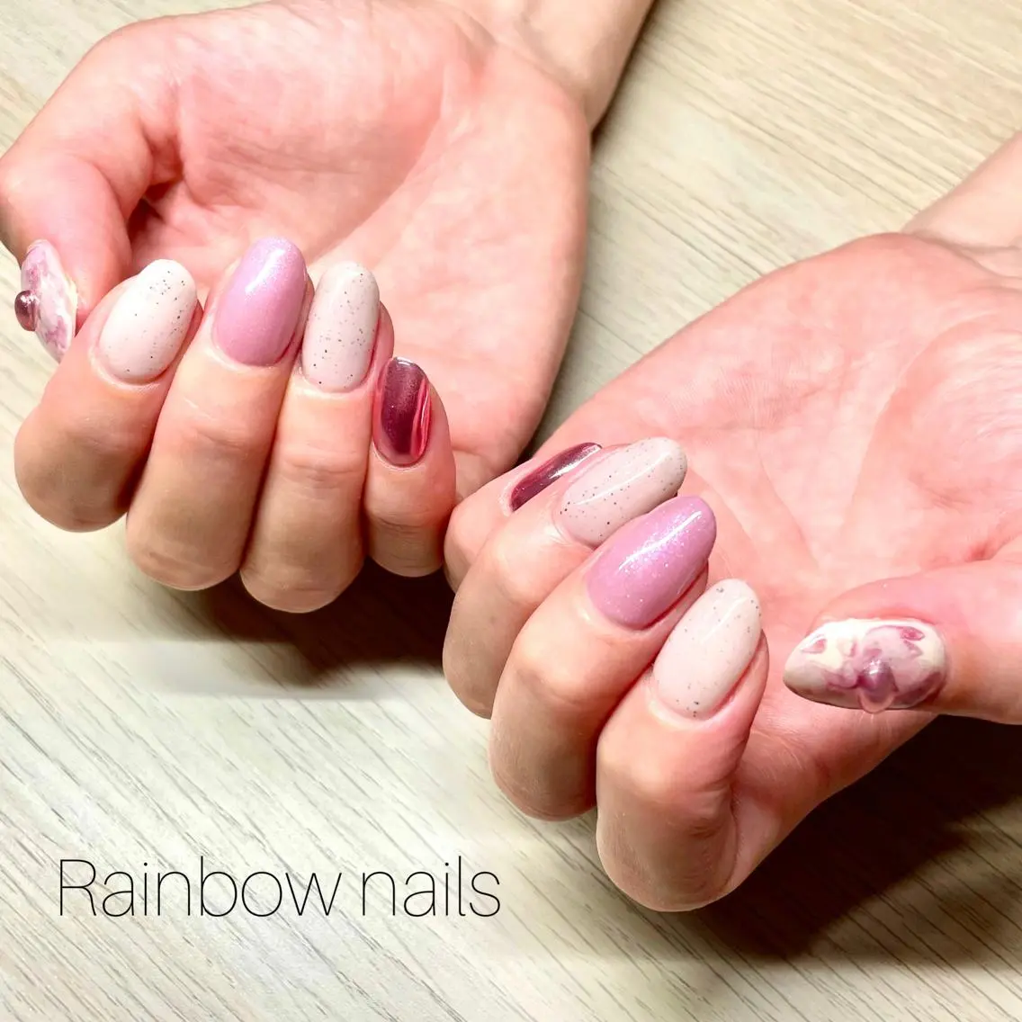 ネイル ジェルネイル ミラーネイル ピンク Rainbow nailsくろちゃんのネイルデザイン