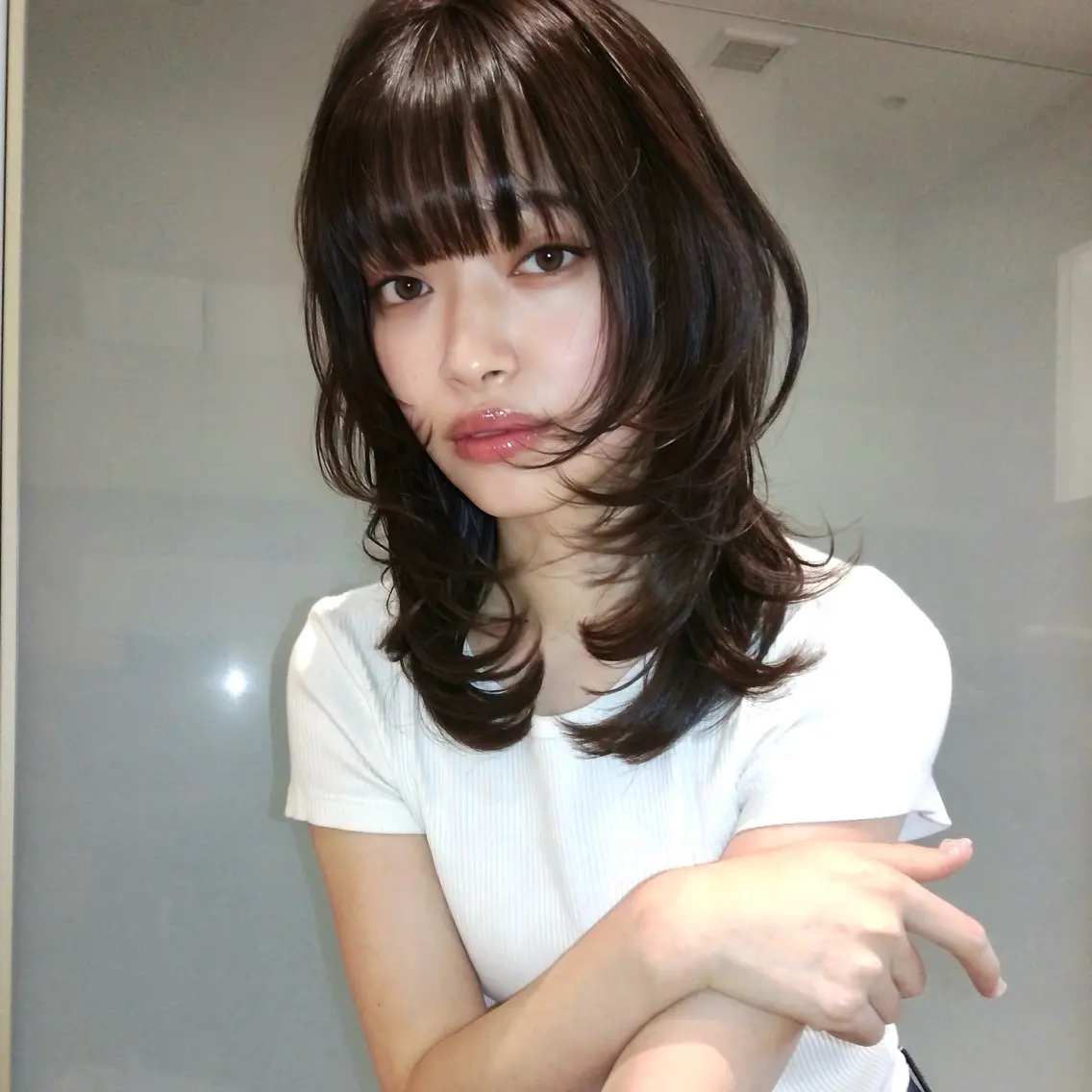 セミロング 顔まわりレイヤー レイヤーカット カット ヘアカラー トリートメント みずき/レイヤー ワンカールのヘアスタイル