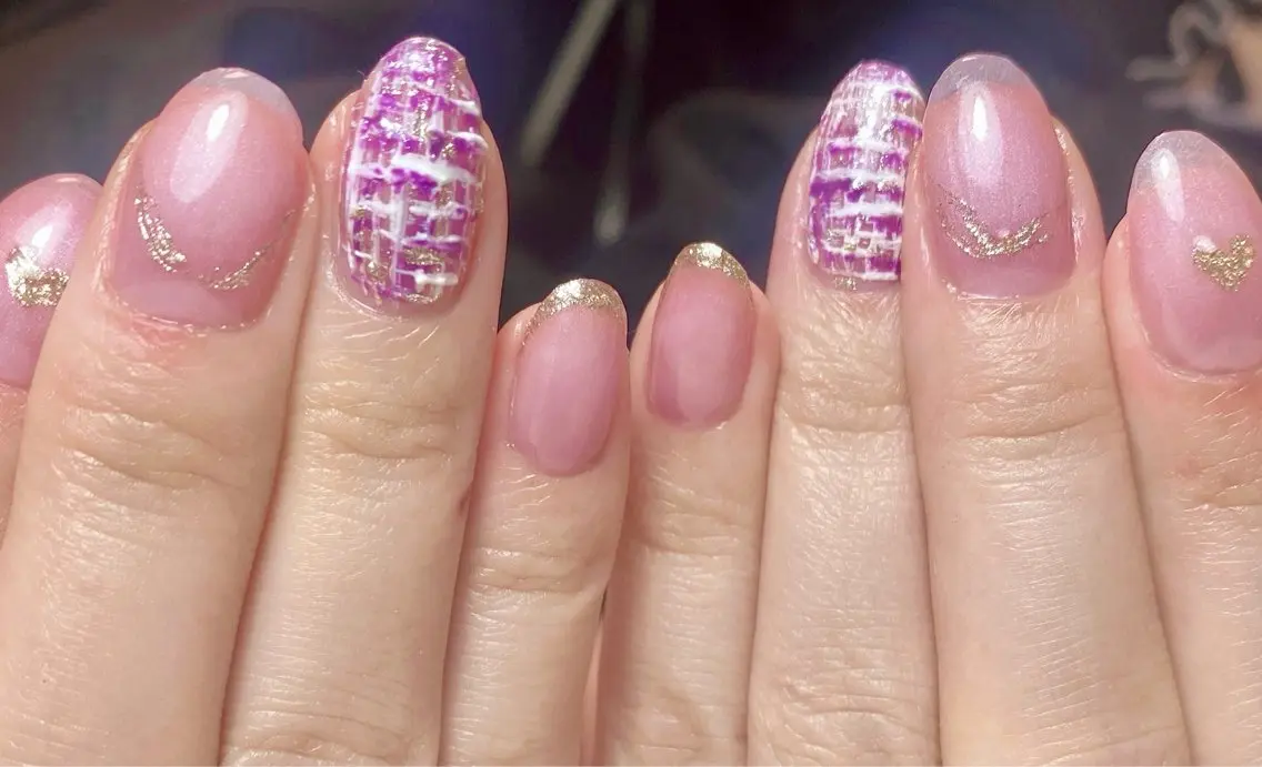 ネイル フレンチネイル パープル ツイードネイル 冬ネイル ハンドネイル Nail Salon K 🧸美爪育成のネイルデザイン