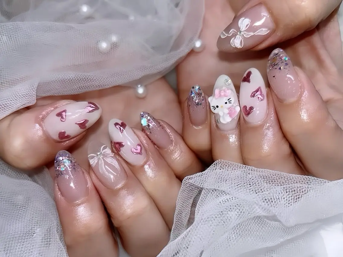 ネイル アートネイル 長さ出し ガーリー 韓国ネイル 持ち込み Rin Nail 新大久保店のネイルデザイン