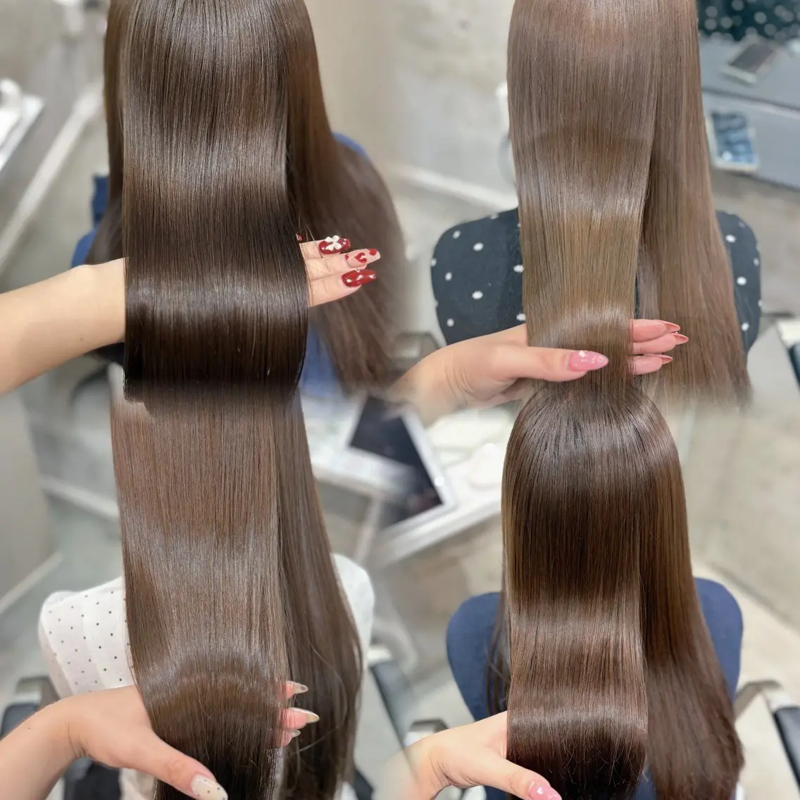 ロング カラー ベージュカラー ブリーチ 透明感カラー グレージュ ブリーチなしカラー カット ヘアカラー トリートメント karen 髪質改善のヘアスタイル