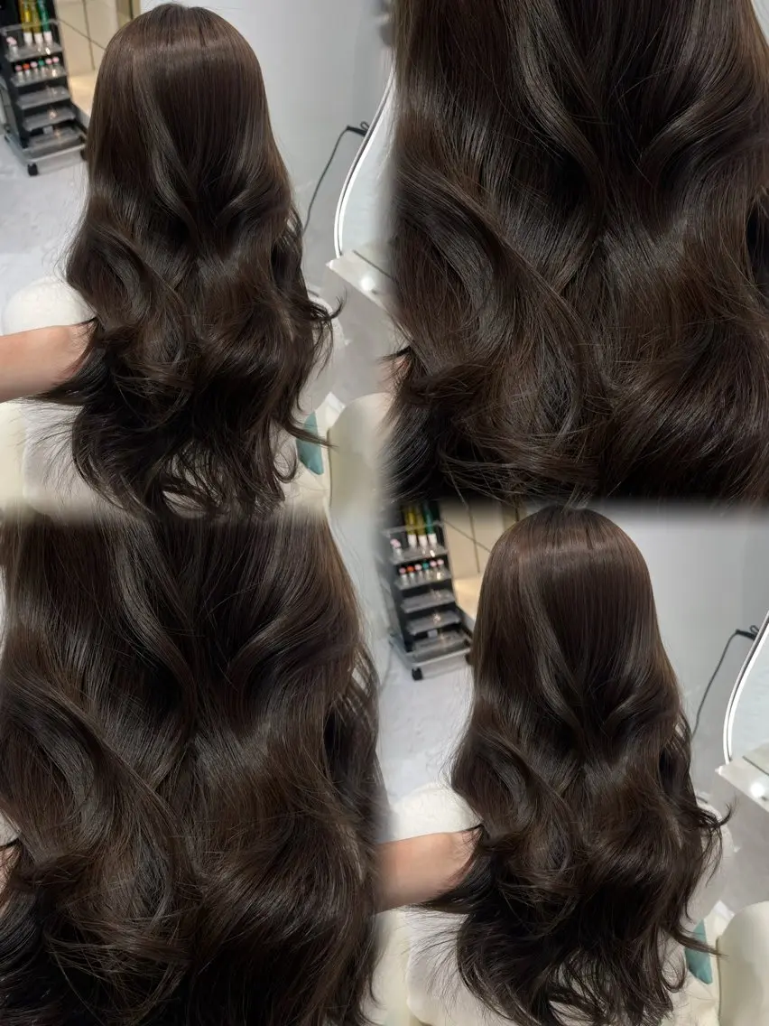 ロング カラー ブラウンカラー チョコレートブラウン マロンブラウン くびれヘア 韓国風ヘア カット ヘアカラー トリートメント 𝑹𝒊𝒉𝒐🎀 名駅/大人韓国ヘアのヘアスタイル