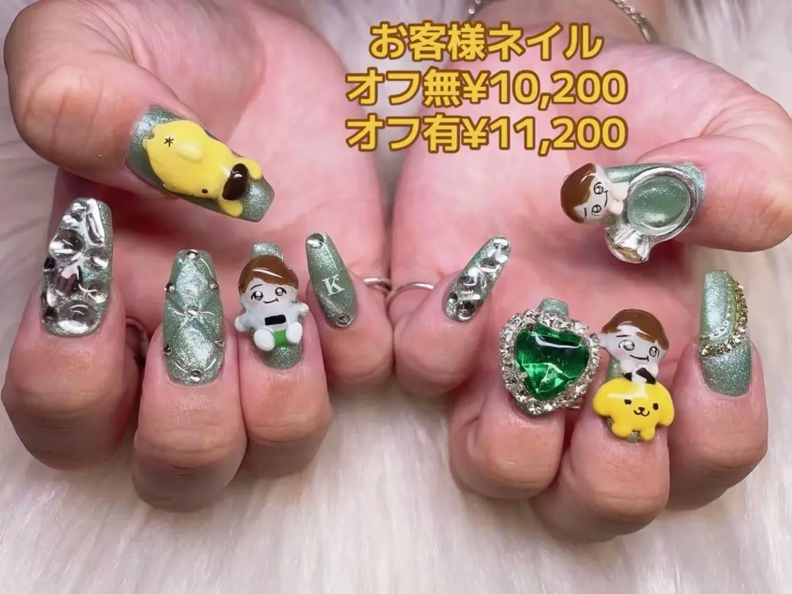 ネイル フットネイル グリーン ハート マグネットネイル オフィスネイル ティーエヌ 金山駅東口店のネイルデザイン