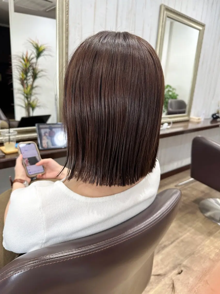 ミディアム カラー パーマ ヘアアレンジ 切りっぱなしボブ ブラウンカラー オレンジ オレンジブラウン ボブ カット ヘアカラー トリートメント 髪質改善/韓国風 レイヤー/田村祐樹のヘアスタイル