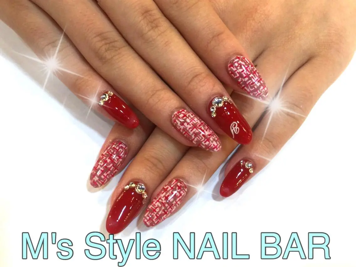 ネイル 赤色 ツイードネイル ハンドネイル M's Style NAIL BARのネイルデザイン