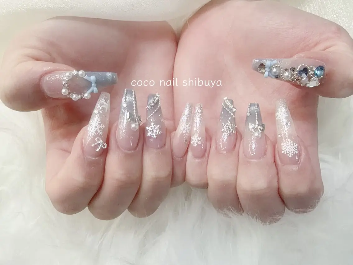 ネイル 成人式 大理石ネイル(マーブル) リボン 夏ネイル ネイルチップ ハンドネイル CoCo Nail 長さ出し専門店のネイルデザイン