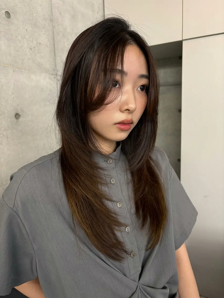 ロング カラー カット ヘアカラー トリートメント Saki/レイヤー/ 柔色カラー/顔まわりのヘアスタイル