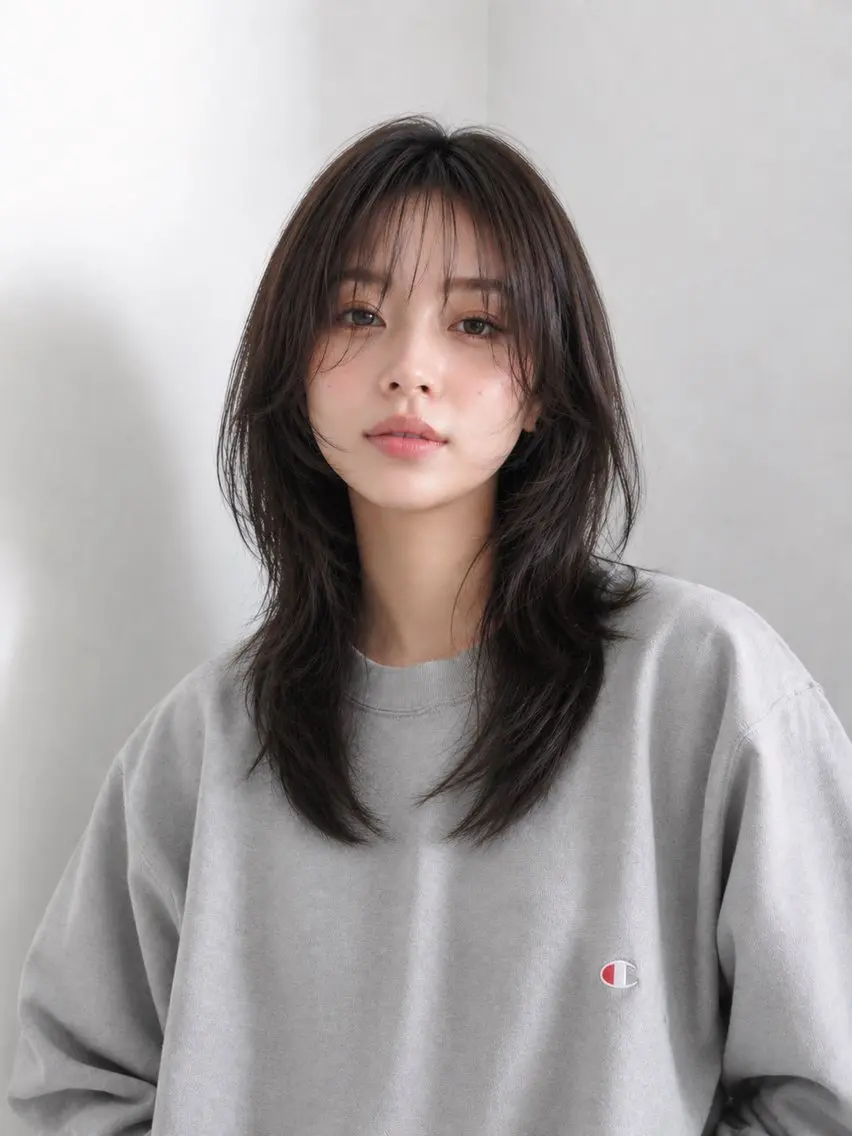 セミロング 顔まわりレイヤー ハッシュカット 髪質改善 韓国風ヘア レイヤーカット カット ヘアカラー ケアカラー×髪質改善 🌙OKUBO🌙のヘアスタイル