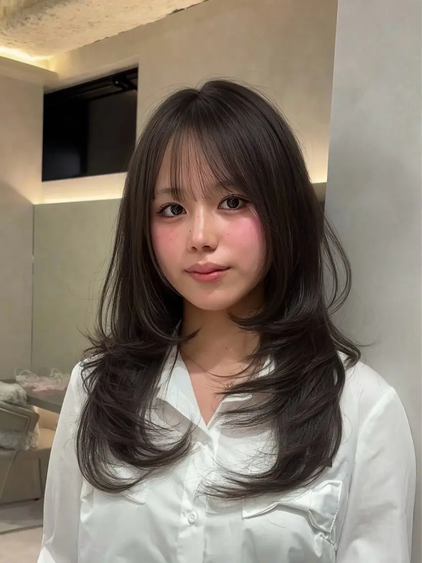 ロング 顔まわりレイヤー 顔周りカット ハイレイヤー レイヤーカット ローレイヤー カット ヘアカラー トリートメント MOMOHA/ 🍑レイヤーカットのヘアスタイル